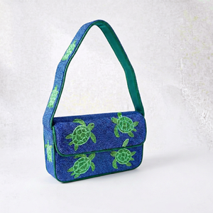 Bolso de Lona Bordado a Mano con Patrón de Tortuga Azul Verde, Forma Rectangular, Hecho con Hilo de Algodón - Product Image 1