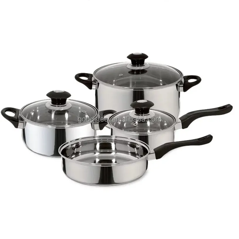 Essentials Premium Stainless Steel Set of 7pc Cookware set Silver & Black Gourmet Induction Cooktop