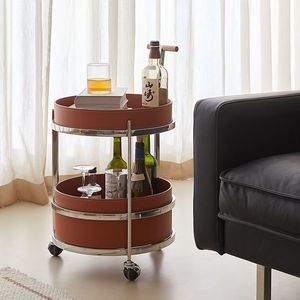 Modern Minimalist <b>Bar</b> Cart Mocha Brown Leather 2 Tier Stainless Steel Mobile Sofa Side <b>Table</b> Trendy Instagram Style - Product Image 1