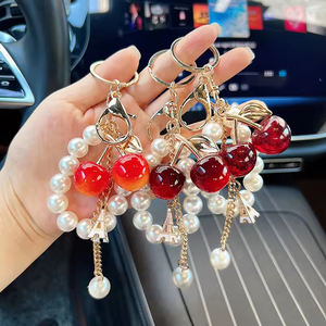 High-End Fashion Acrylic Cherry Carabiner Keychain New Pearl <b>String</b> <b>Bag</b> Pendant Design - Product Image 1