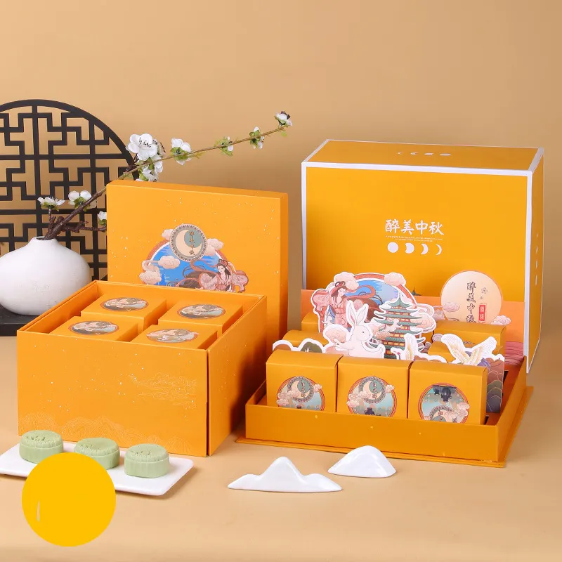 صندوق هدايا فاخر بتصميم جديد مطبوع عليه شعار Mooncake صندوق هدايا ورقي مع مقبض