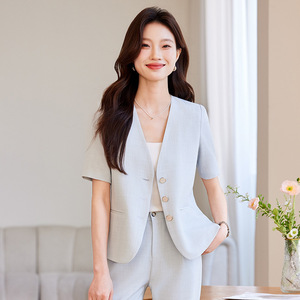 Women's Short Sleeve Blazer Summer Thin Professional Casual Suit Set Polyester Breathable Worsted Fabric - Product Image 2