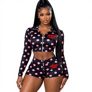 OEM Custom Women <b>Pink</b> Polka Dot Activewear Set Two Piece Streetwear Set <b>Long</b> <b>Sleeve</b> Crop Zip Jacket Matching Shorts - Product Image 1