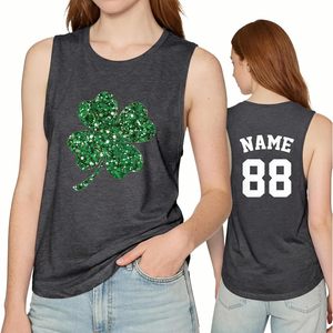 St Patricks Day <b>Women's</b> <b>Glitter</b> Tank <b>Top</b> Personalized Name Number 88 Irish Shamrock Design Breathable Cotton Sleeveless <b>Top</b> - Product Image 1