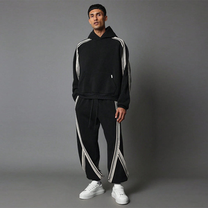 Men's Custom Logo 100% Cotton <strong>Tracksuit</strong> Striped Elastic Cuff Flared Gym Sweatpants Hoodie for Autumn Sport for Gym Workouts - Product Image 1