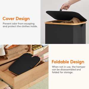 ढक्कन के साथ बड़े Foldable 100l कपड़े धोने की टोकरी कपड़े के साथ कपड़े धोने के लिए बाधित बांस संभालती है और एक हटाने योग्य कपड़े धोने बैग - Product Image 5