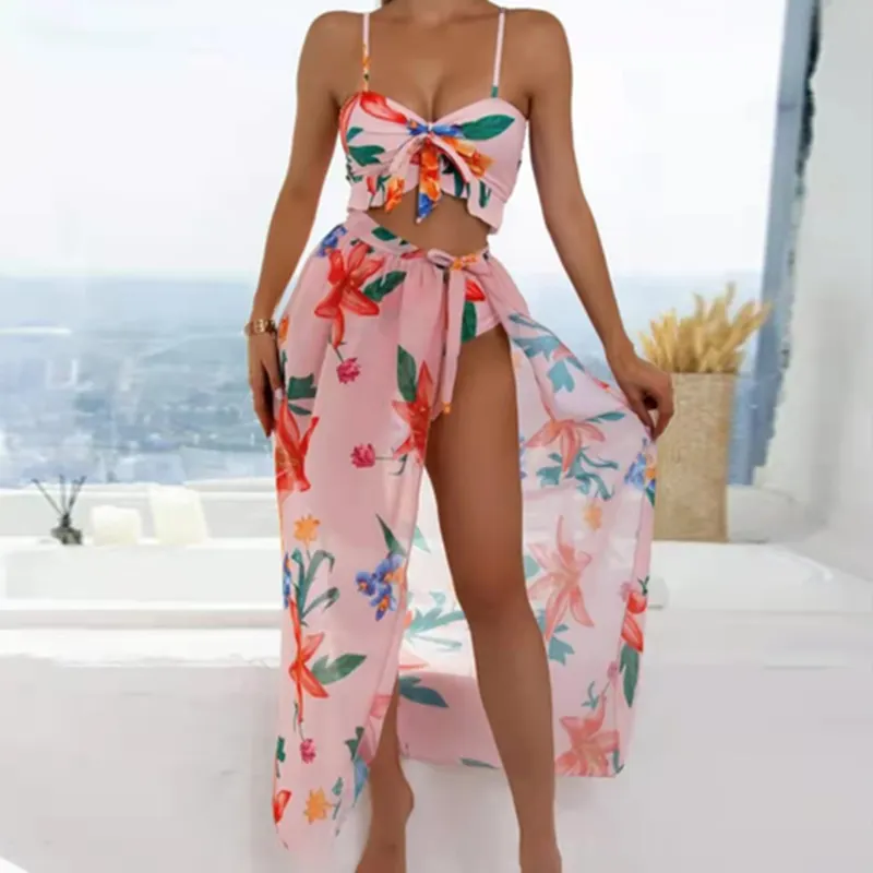 2022 New Custom Floral Print Sexy 3 Piece Bikini Set Beach wear Front Bow High Waist Swimsuit Women Vacation Cover Up Swimwear