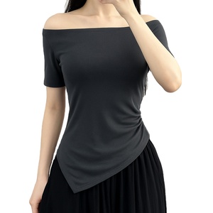 เสื้อคอตตอนสีเทาเข้มสำหรับผู้หญิงเสื้อสไตล์เกาหลีเสื้อเข้ารูปสุดเซ็กซี่คอปาด - Product Image 1