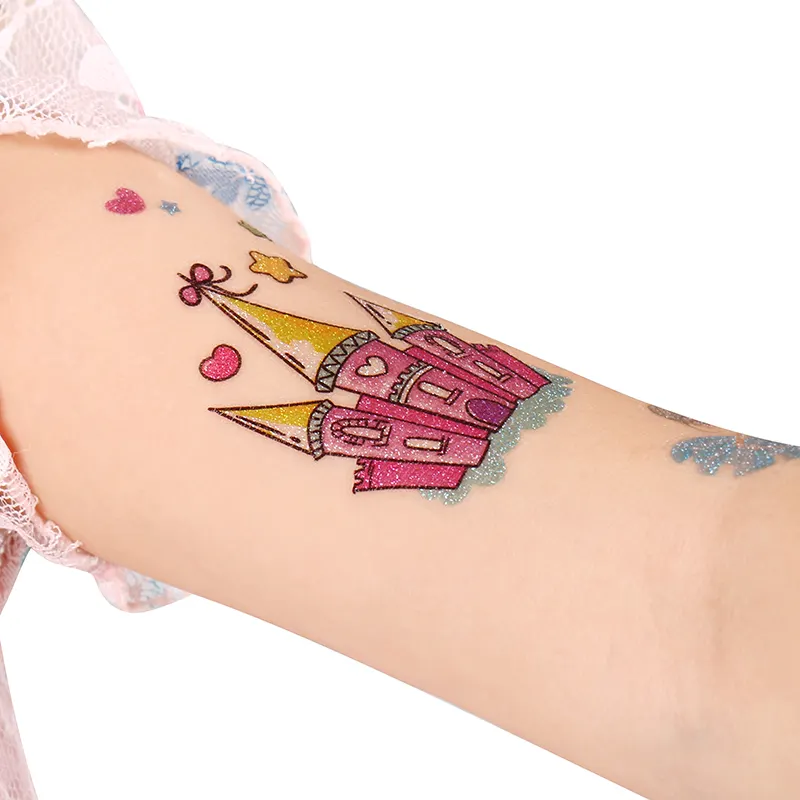 Pegatina de tatuaje con purpurina para arte corporal para niños, paquete de 12 Uds., brazo de dibujos animados de colores, pegatinas de tatuaje divertidas desechables temporales