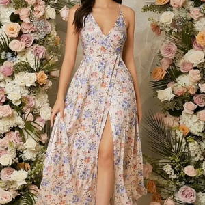 فستان صيفي طويل مفتوح من الأمام بتصميم بوهيمي فضفاض وعصري بطبعة زهور وياقة عميقة على شكل V للنساء، مع إمكانية إضافة شعار مخصص - Product Image 5