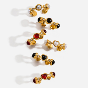 Heart Shape Gold Stainless Steel <b>Ring</b> With Black Glass And Diamonds <b>Open</b> Design Unisex Jewelry Gift - Product Image 1