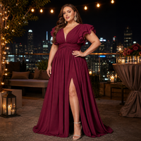 Robe de Demoiselle d'Honneur Grande Taille en Chiffon Coupe Trapèze, Col en V Profond, Manches Volantes, Taille Froncée, Fente Haute, Longueur Maxi