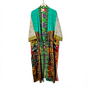 Robe longue patchwork pour femme, tissée 100% soie, décontractée, manches trois quarts, imprimée, douce, vêtements de nuit d'été - Product Image 1