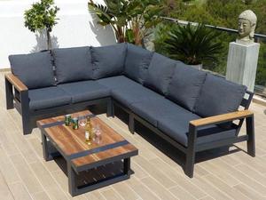 Modern Outdoor L-Shaped Garden <b>Sofa</b> Set With <b>Wooden</b> <b>Frame</b> And Dark Blue Cushions Waterproof Contemporary Design - Product Image 1