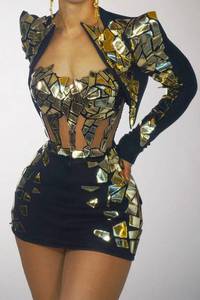 Conjunto Sexy de 3 Piezas con Lentejuelas de Top, Falda y Chaqueta para Mujer, Atuendo de Bailarina para Espectáculo de <span class=keywords><strong>DJ</strong></span>, Actuación en Escenario y Festival, Mini Vestido para Discoteca y Fiesta - Product Image 4