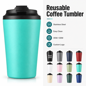 Taza de café de acero inoxidable de 12 oz al por mayor OEM, a prueba de fugas, de doble pared, con aislamiento al vacío, taza de viaje con asa y tapa con bucle. - Product Image 1