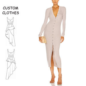 <span class=keywords><strong>Abito</strong></span> in <span class=keywords><strong>Jersey</strong></span> a Coste OEM 2025 da Donna, Invernale, Tinta Unita, Traspirante, con Bottoni, Casual, <span class=keywords><strong>Midi</strong></span>, Personalizzabile, Scollo a V, Aderente, Vita Naturale - Product Image 1