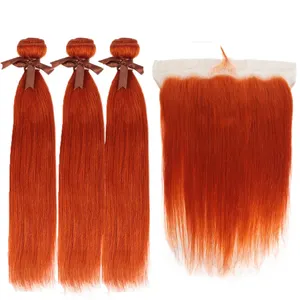 नारंगी अदरक रंग सीधे कुंवारी मानव बाल एक्सटेंशन, 350 # नारंगी अदरक Ombre रंग बाल बंडलों के साथ फीता ललाट बंद होने