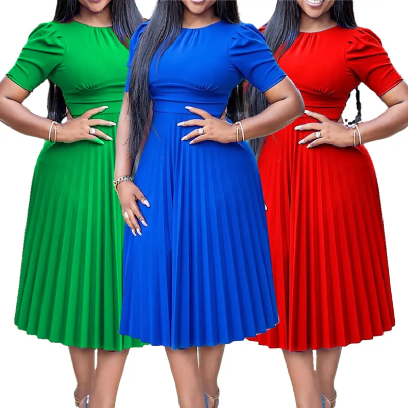 2022 Summer Red Lovely A Line Pleated Dress Women Office Career Dresses African Women Casual Dresses