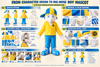 Costume de mascotte en peluche personnalisé pour garçon à long nez avec tenue jaune, costume de personnage de dessin animé OEM/ODM