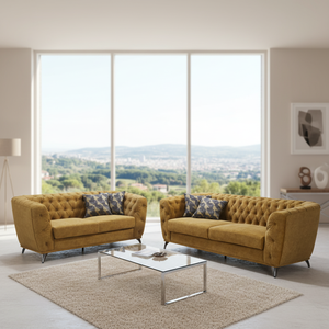 Set Divano 2+3 Posti di Design Italiano Contemporaneo di Lusso per Soggiorno e Hotel, Divano Sezionale a 5 Posti in Tessuto Trapuntato Chesterfield con Struttura in Acciaio Dorato - Product Image 2