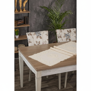 Lace Edged Cream Floral Jacquard Table <b>Runner</b> Elegant Embroidered Cotton Eco-friendly Customizable Durable Soft Easy Wash Table - Product Image 3