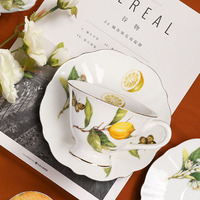 Assiettes en céramique à motif citron européen, assiettes à dîner avec bord doré, assiettes pour pâtes, fruits, salades et ensemble de tasses à thé