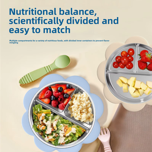 Plato de Silicona Antideslizante de Acero Inoxidable 304 para Bebés Recién Nacidos, Plato de Alimentación Portátil con División y Succión para Niños Pequeños - Product Image 6