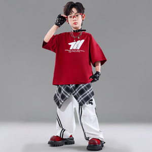 ชุดเต้นฮิปฮอปสำหรับเด็ก เสื้อยืดโอเวอร์ไซส์สีแดงขาว กางเกงคาร์โก้ลายทาง กางเกงลายสก๊อตพร้อมสายผูกเอว ชุดสำหรับการแสดงบนเวที - Product Image 5