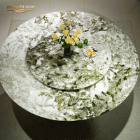 Table à manger moderne OEM en marbre naturel de luxe vert Diamant Pandora, finition brillante, plateau tournant écologique