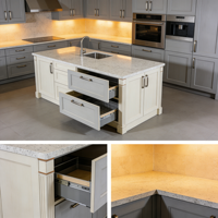 Îlot de cuisine moderne en PVC laqué brillant avec design bicolore et tiroirs de rangement