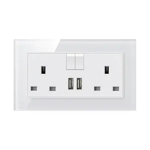 Guangzhou 2 Gang Electric UK Socket with USB, Wall Socket Glass Panel Double 13A Universal Socket CE Standard Grounding White