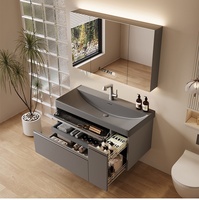 Ensemble de meuble-lavabo de salle de bain avec vasque intégrée en pierre dorée, panier extractible et armoire miroir intelligente, style japonais