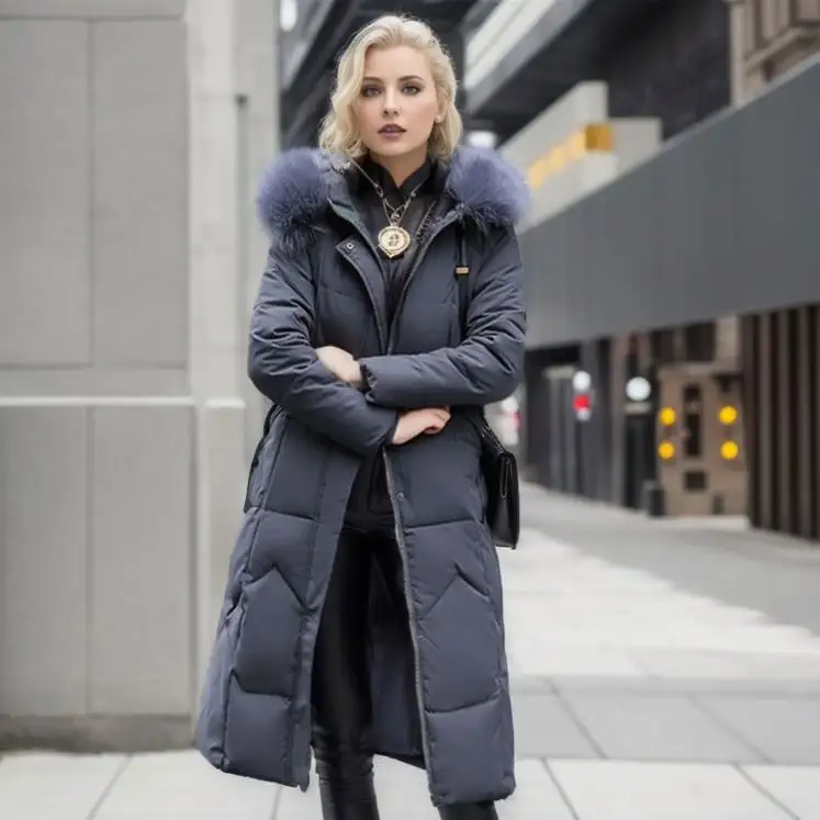 Abrigos largos de lujo de talla grande con cuello de piel de zorro chaqueta de invierno acolchada para mujer