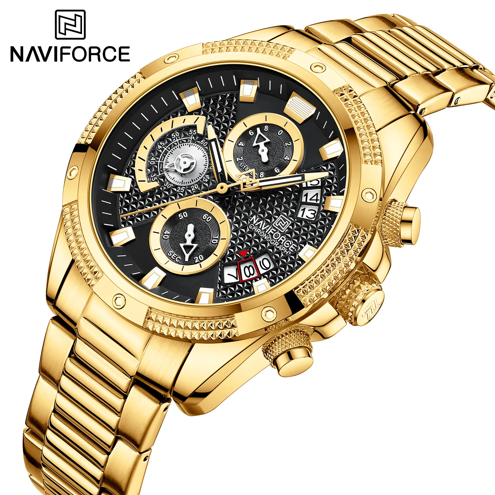 Naviforce 8021 Gg Quartz Chronograaf Horloge Roestvrij Staal Luxe Horloges Waterdicht Elektronische Digitale Klok Horloge
