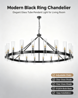 Lámpara de Techo Grande Estilo Carretilla con 20 Luces, Marco de Metal Negro, Pantallas de Cristal Cilíndricas Transparentes, Lámpara Colgante Redonda Moderna Estilo Granja