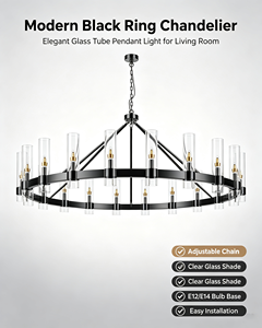Lampadario a Ruota di Carro Grande con 20 Luci, Struttura in Metallo Nero, Paralumi in Vetro Trasparente, Lampada a Sospensione Rotonda Moderna Stile Fattoria - Product Image 5