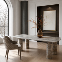 Table à manger rectangulaire en marbre travertin naturel de luxe moderne, pieds cylindriques, taille personnalisée, usage hôtelier, 6 personnes