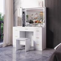 Table de toilette moderne avec miroir LED blanc, 7 tiroirs et tabouret rembourré pour chambre à coucher, ensemble de meubles de rangement pour maquillage