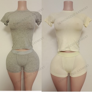 Abbigliamento donna Y2K Logo personalizzato cotone Modal tessuto a maglia <span class=keywords><strong>camicie</strong></span> a maniche corte con tinta unita pantaloni svasati abbigliamento da salotto - Product Image 3