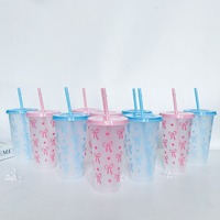 Gobelet à paille rose à nœud, design moderne et écologique, grande capacité 710 ml, en PP transparent, vente en gros – Nouveauté très prisée