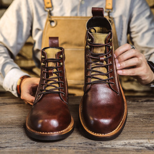 <b>For</b> Boots <b>Men</b> Brown Leather Round Toe Mid <b>Heel</b> Motorcycle Work Boots British Style Color Blocking Fleece Lining - Product Image 4