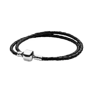 Pulsera de cuerda de cuero tejido de plata de ley S925 para parejas moda adecuada para Pandora Charm colgante DIY joyería Festival Gif