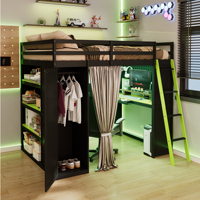 Lit mezzanine moderne en bois pleine taille avec armoire, étagères, rideaux occultants, lumières RGB et design de lit douillet