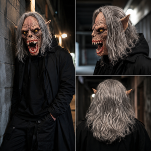 Masque en latex de monstre <span class=keywords><strong>loup</strong></span>-<span class=keywords><strong>garou</strong></span> effrayant, tête entière, visage de bête d'horreur avec cheveux gris, yeux jaunes, crocs pour Halloween, cosplay, accessoires de fête - Product Image 2