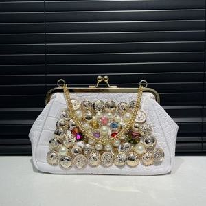 Sac fourre-tout de luxe élégant pour femme, sac à main de banquet magnifique avec décoration de bijoux en diamant et perles, sac à bandoulière simple - Product Image 4