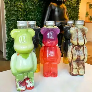 350/500/700ml Custom logo disposable transparent packaging PET plastic long leg bear shaped juice milk boba tea bottle