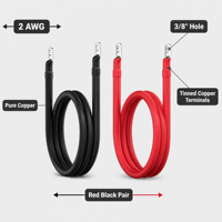 Cable de Batería de 2 AWG, Cobre Puro, Rojo y Negro, Par de Terminales de Anillo de 3/8'', Inversor Solar, RV, Marino, Automotriz, Uso Pesado
