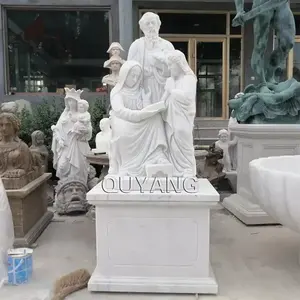 QUYANG 교회 종교 흰 돌 조각 마리아 요셉 아기 예수 인형 대리석 거룩한 가족 동상 조각