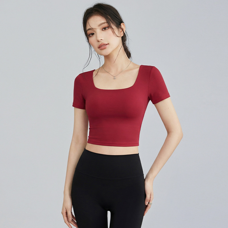 Women's Square Neck Cross Wrap Back Built-in Pads Slim Cropped Short Sleeve Soft Stretch Yoga Fitness Workout Sports Top